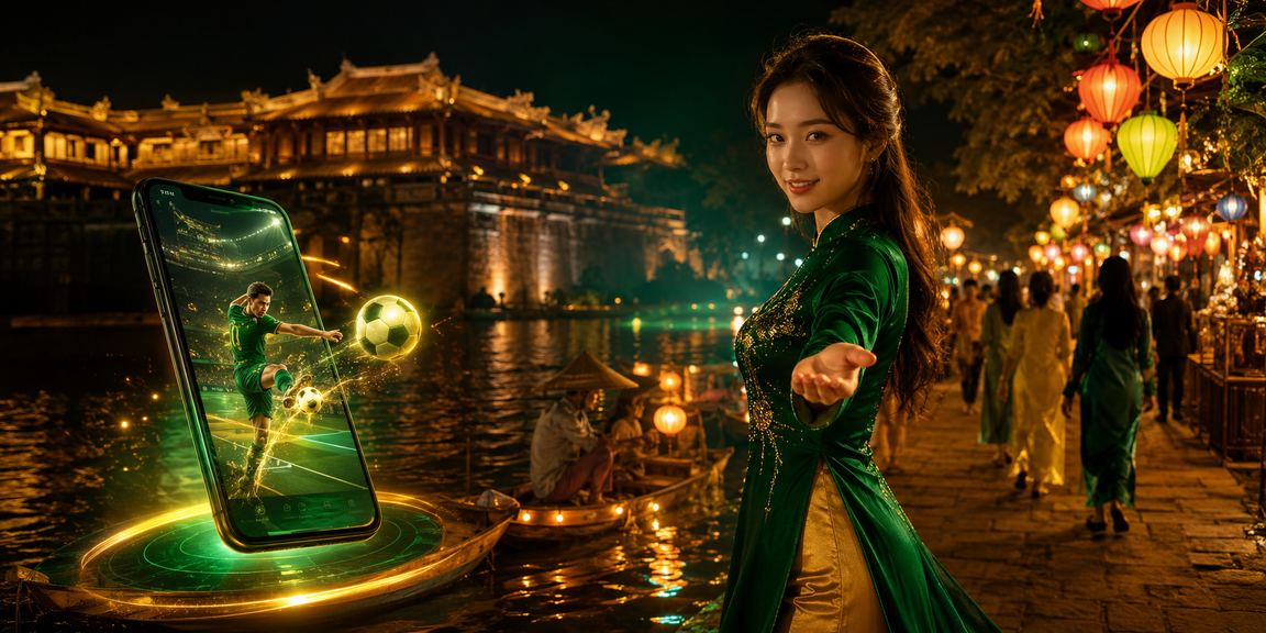 Cảnh chợ đêm Huế với người chơi theo dõi kết quả xổ số và đặt cược trực tuyến