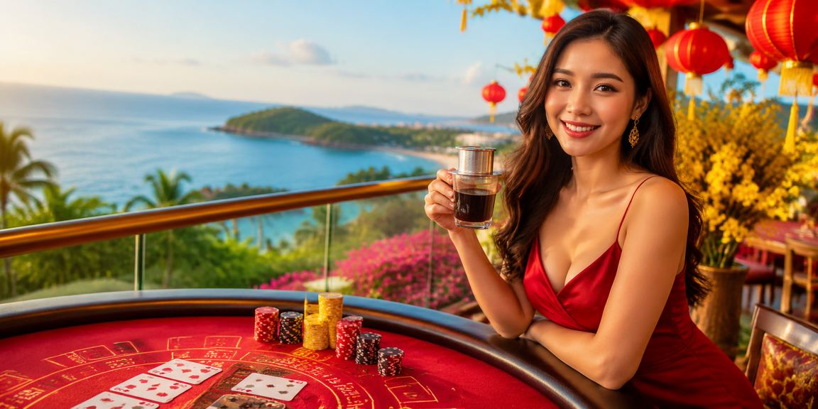 Người chơi tại Phú Quốc thư giãn với baccarat live casino qua điện thoại bên ly cà phê